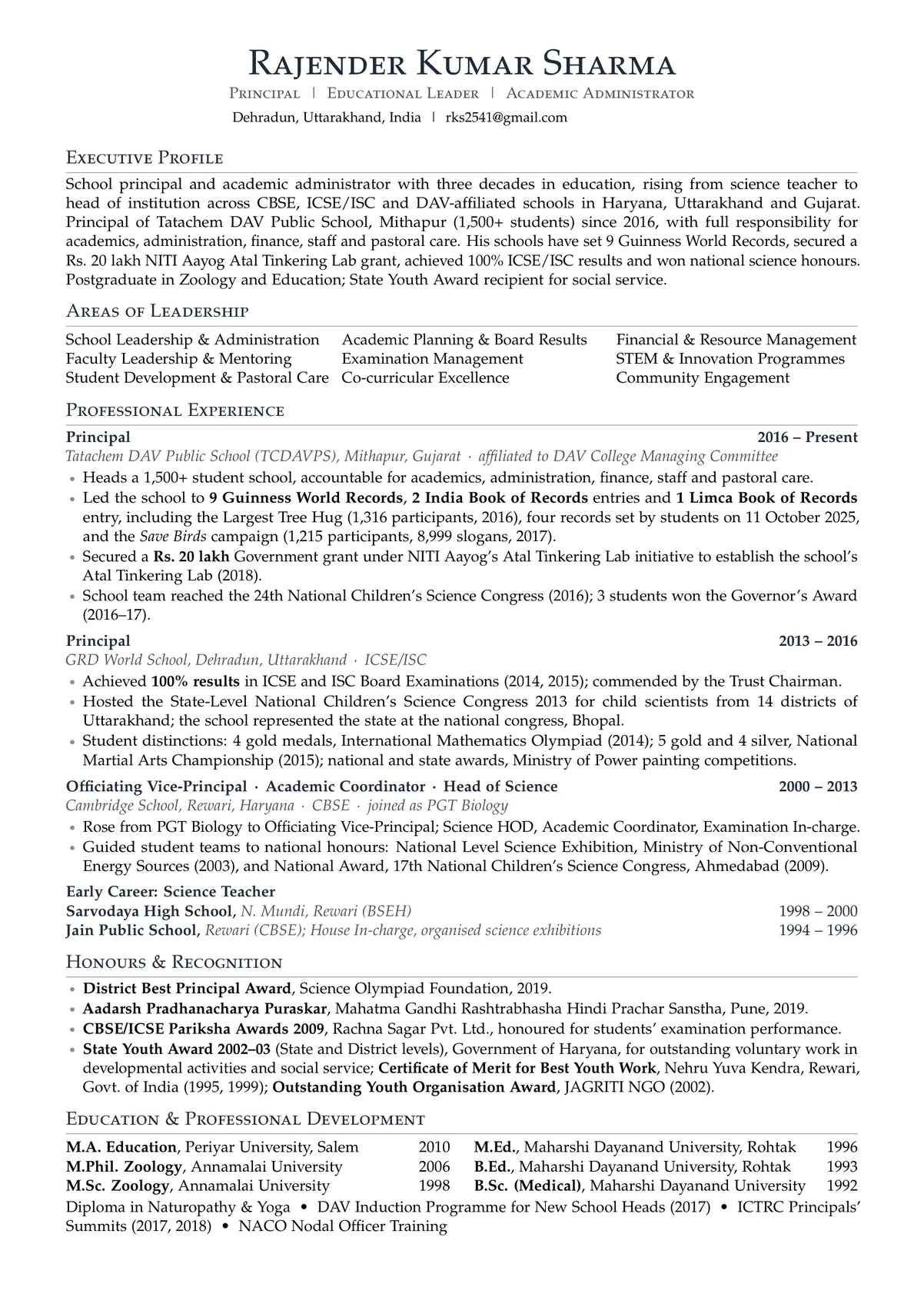 Page one of the résumé of Rajender Kumar Sharma