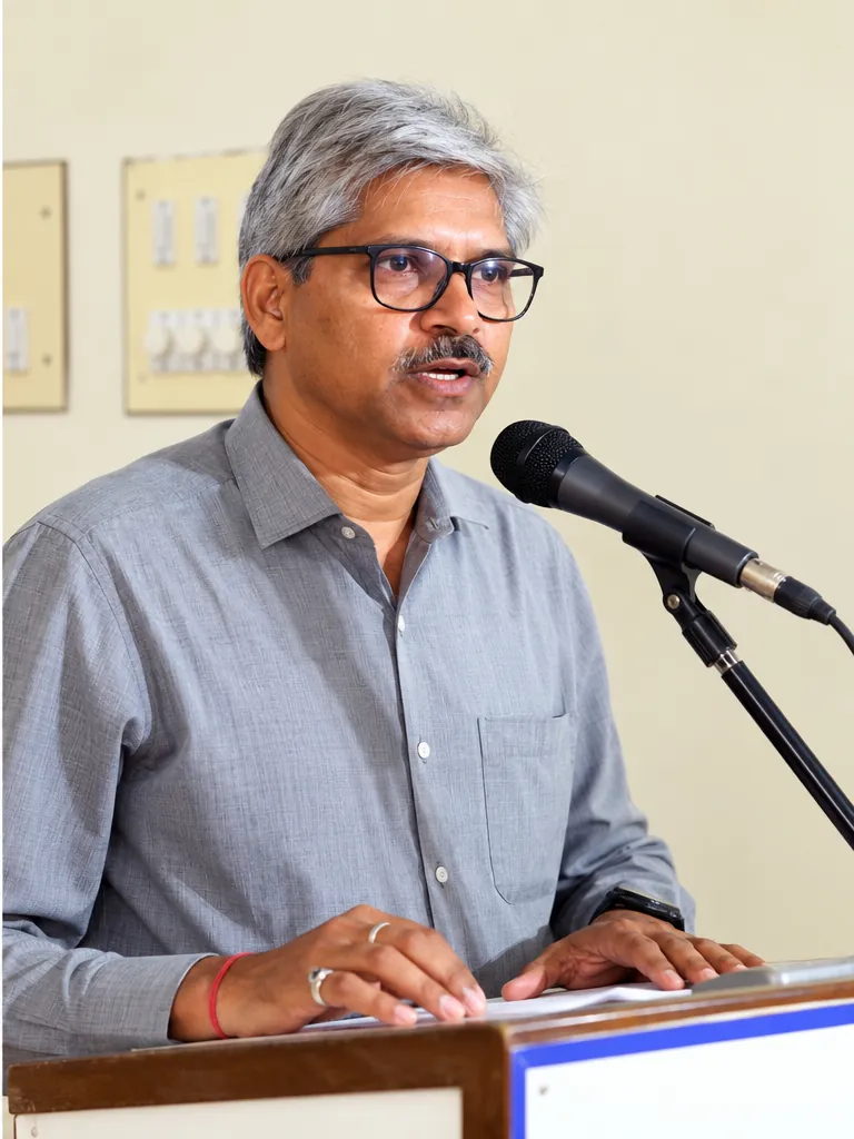 R. K. Sharma speaking at a lectern